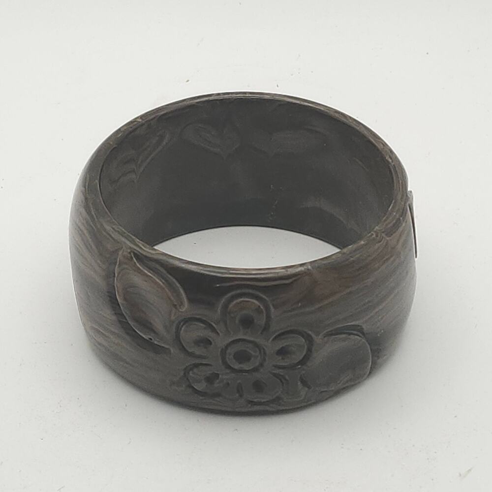 Carved Brown Marbled Floral Wide Bangle Bracelet Lucite Style Acrylic Retro